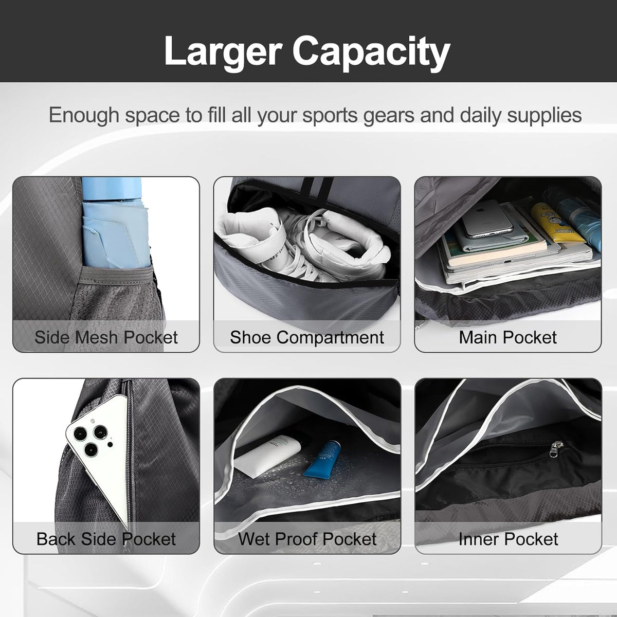 Sports Drawstring Backpack - String Swim Gym Bag with Shoes Compartment and Wet Proof Pocket for Women and Men