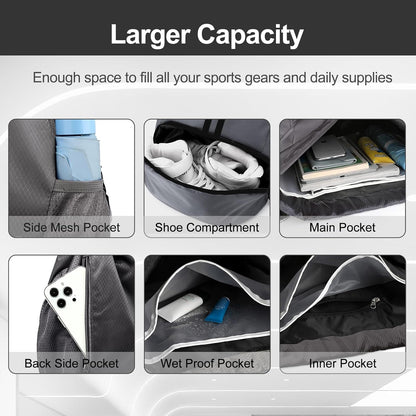 Sports Drawstring Backpack - String Swim Gym Bag with Shoes Compartment and Wet Proof Pocket for Women and Men