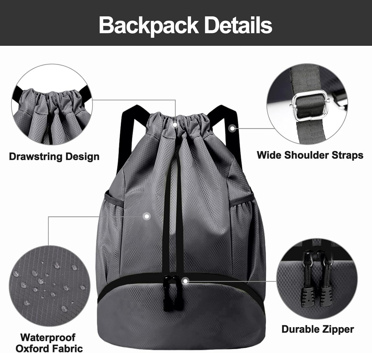 Sports Drawstring Backpack - String Swim Gym Bag with Shoes Compartment and Wet Proof Pocket for Women and Men