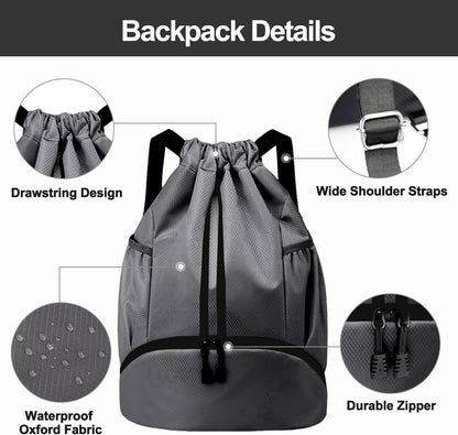Sports Drawstring Backpack - String Swim Gym Bag with Shoes Compartment and Wet Proof Pocket for Women and Men