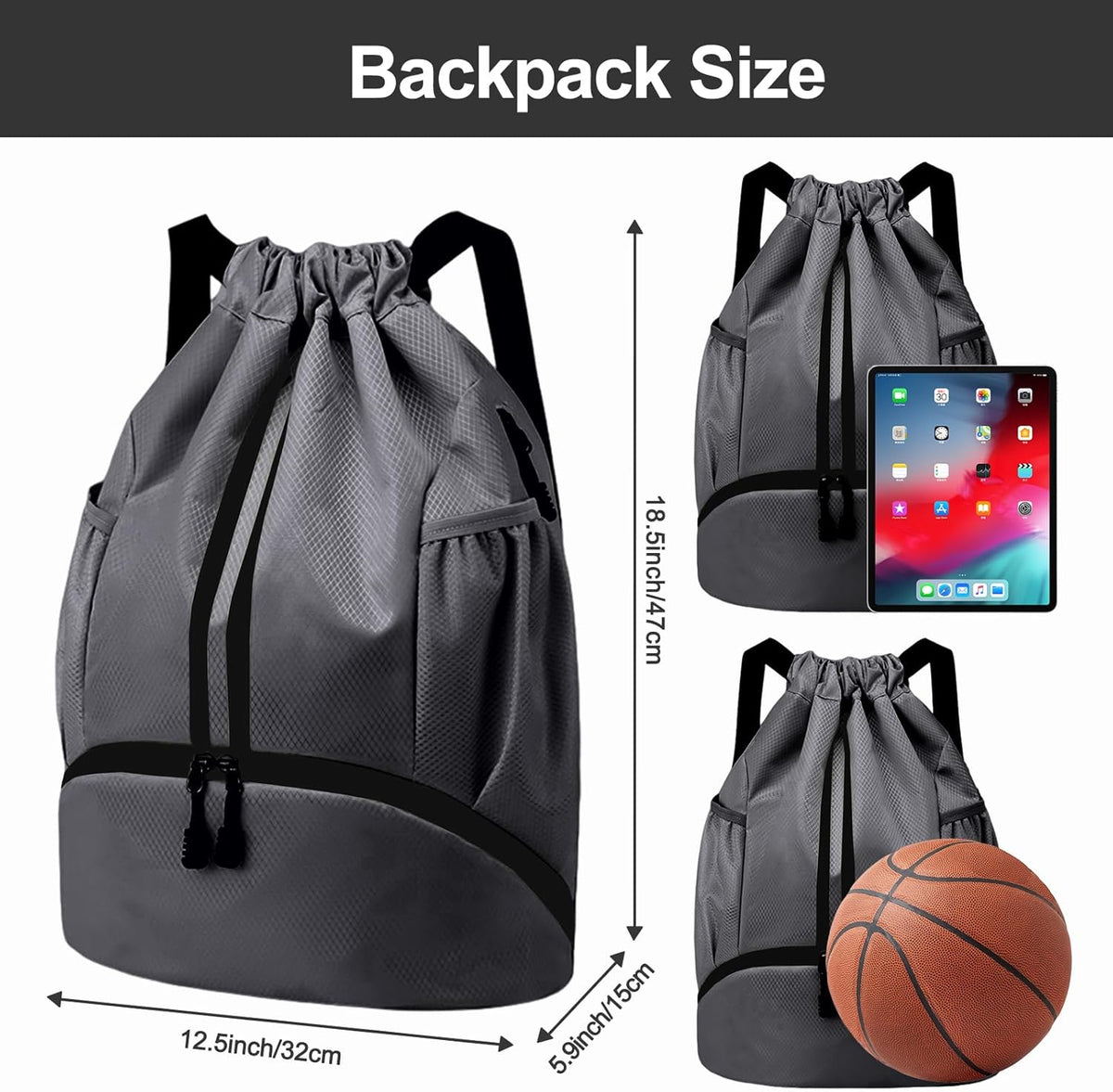 Sports Drawstring Backpack - String Swim Gym Bag with Shoes Compartment and Wet Proof Pocket for Women and Men