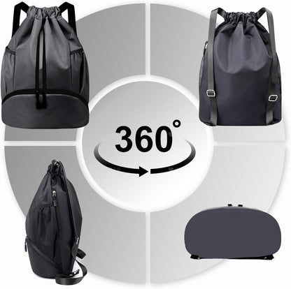 Sports Drawstring Backpack - String Swim Gym Bag with Shoes Compartment and Wet Proof Pocket for Women and Men