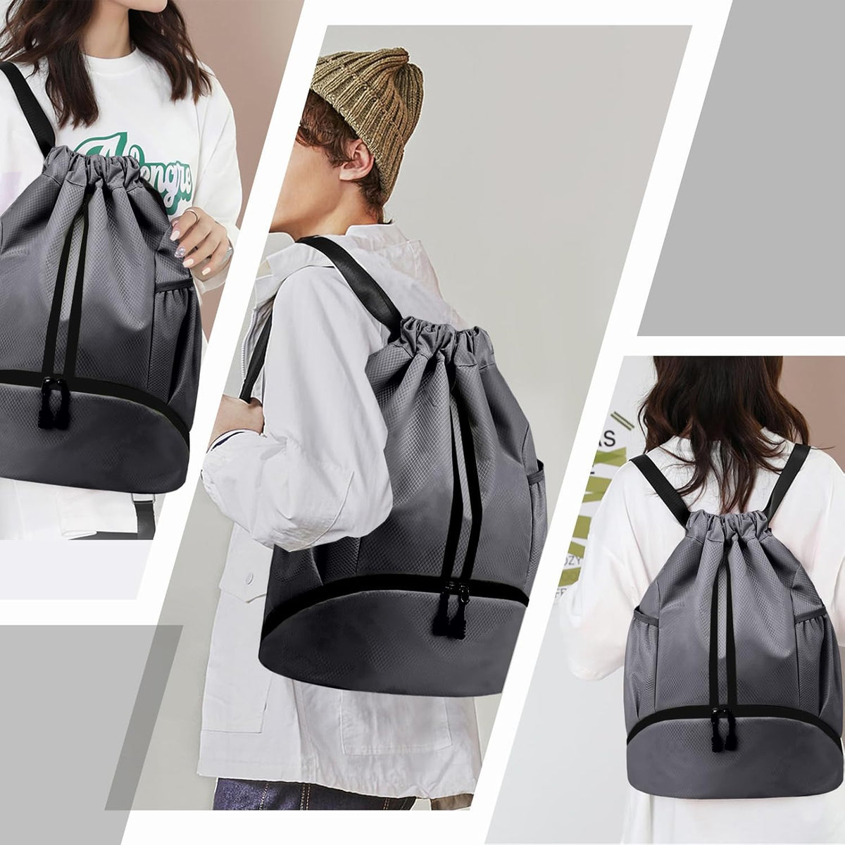 Sports Drawstring Backpack - String Swim Gym Bag with Shoes Compartment and Wet Proof Pocket for Women and Men