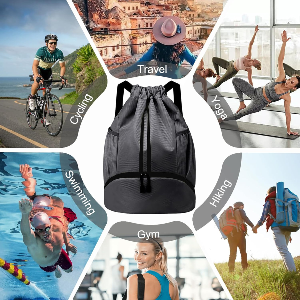 Sports Drawstring Backpack - String Swim Gym Bag with Shoes Compartment and Wet Proof Pocket for Women and Men