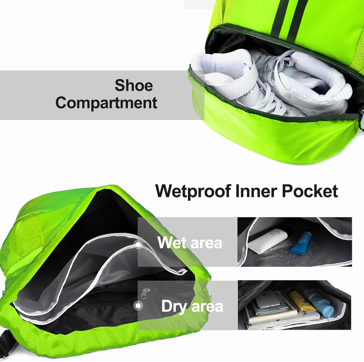 Sports Drawstring Backpack - String Swim Gym Bag with Shoes Compartment and Wet Proof Pocket for Women and Men