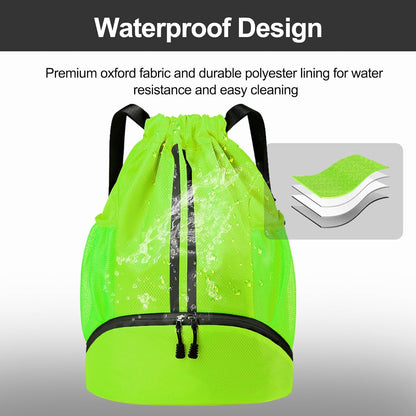 Sports Drawstring Backpack - String Swim Gym Bag with Shoes Compartment and Wet Proof Pocket for Women and Men