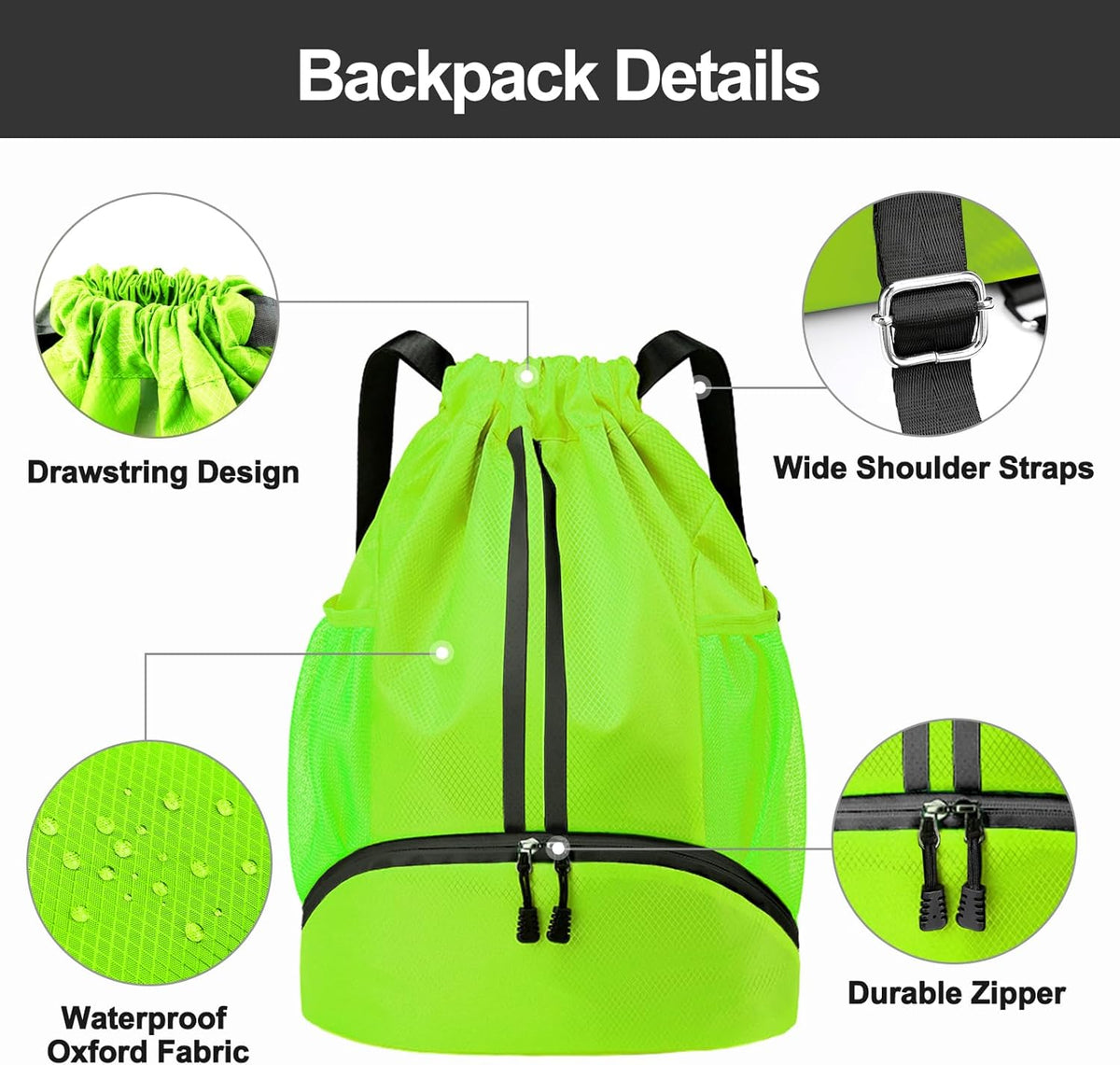 Sports Drawstring Backpack - String Swim Gym Bag with Shoes Compartment and Wet Proof Pocket for Women and Men