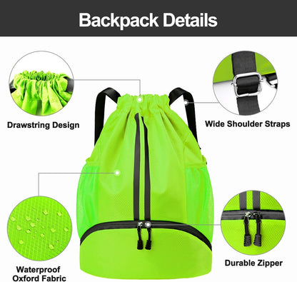 Sports Drawstring Backpack - String Swim Gym Bag with Shoes Compartment and Wet Proof Pocket for Women and Men