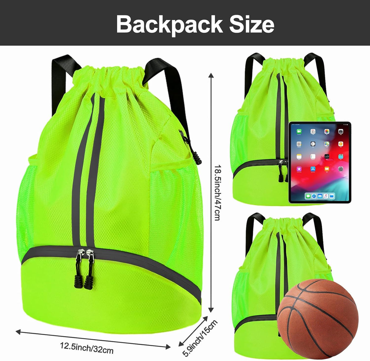 Sports Drawstring Backpack - String Swim Gym Bag with Shoes Compartment and Wet Proof Pocket for Women and Men