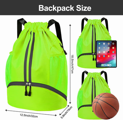 Sports Drawstring Backpack - String Swim Gym Bag with Shoes Compartment and Wet Proof Pocket for Women and Men