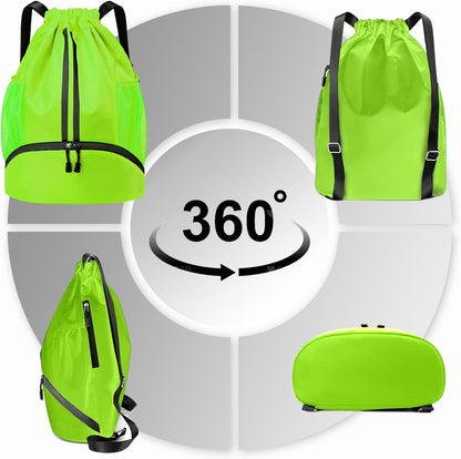 Sports Drawstring Backpack - String Swim Gym Bag with Shoes Compartment and Wet Proof Pocket for Women and Men
