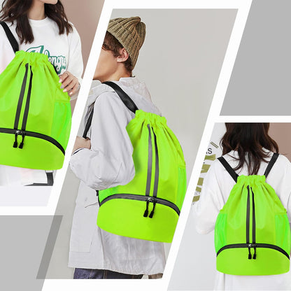 Sports Drawstring Backpack - String Swim Gym Bag with Shoes Compartment and Wet Proof Pocket for Women and Men