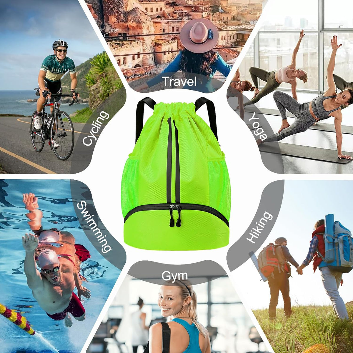 Sports Drawstring Backpack - String Swim Gym Bag with Shoes Compartment and Wet Proof Pocket for Women and Men
