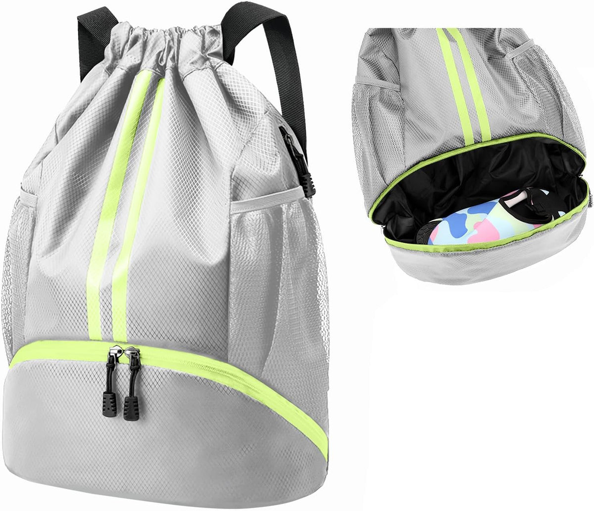 Sports Drawstring Backpack - String Swim Gym Bag with Shoes Compartment and Wet Proof Pocket for Women and Men