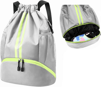 Sports Drawstring Backpack - String Swim Gym Bag with Shoes Compartment and Wet Proof Pocket for Women and Men