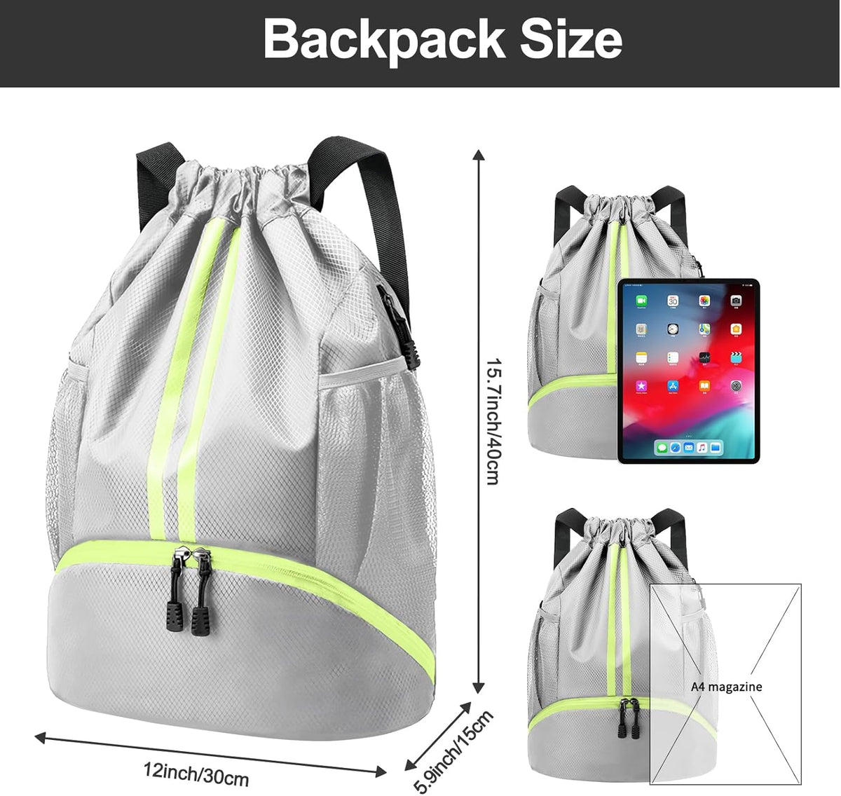 Sports Drawstring Backpack - String Swim Gym Bag with Shoes Compartment and Wet Proof Pocket for Women and Men