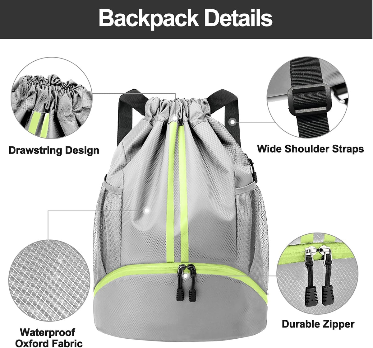 Sports Drawstring Backpack - String Swim Gym Bag with Shoes Compartment and Wet Proof Pocket for Women and Men