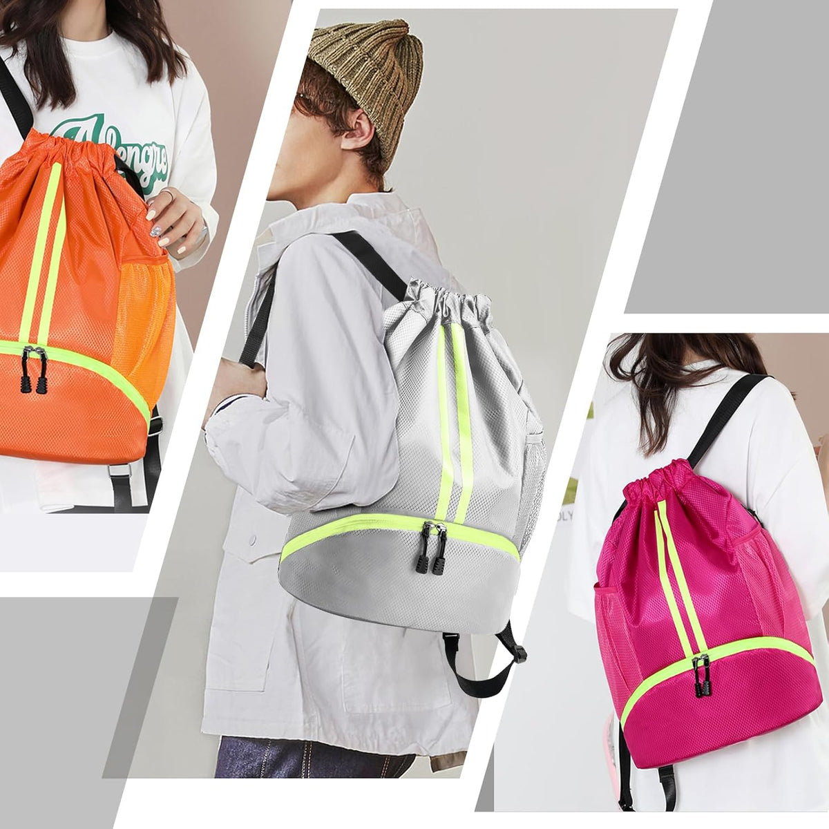 Sports Drawstring Backpack - String Swim Gym Bag with Shoes Compartment and Wet Proof Pocket for Women and Men