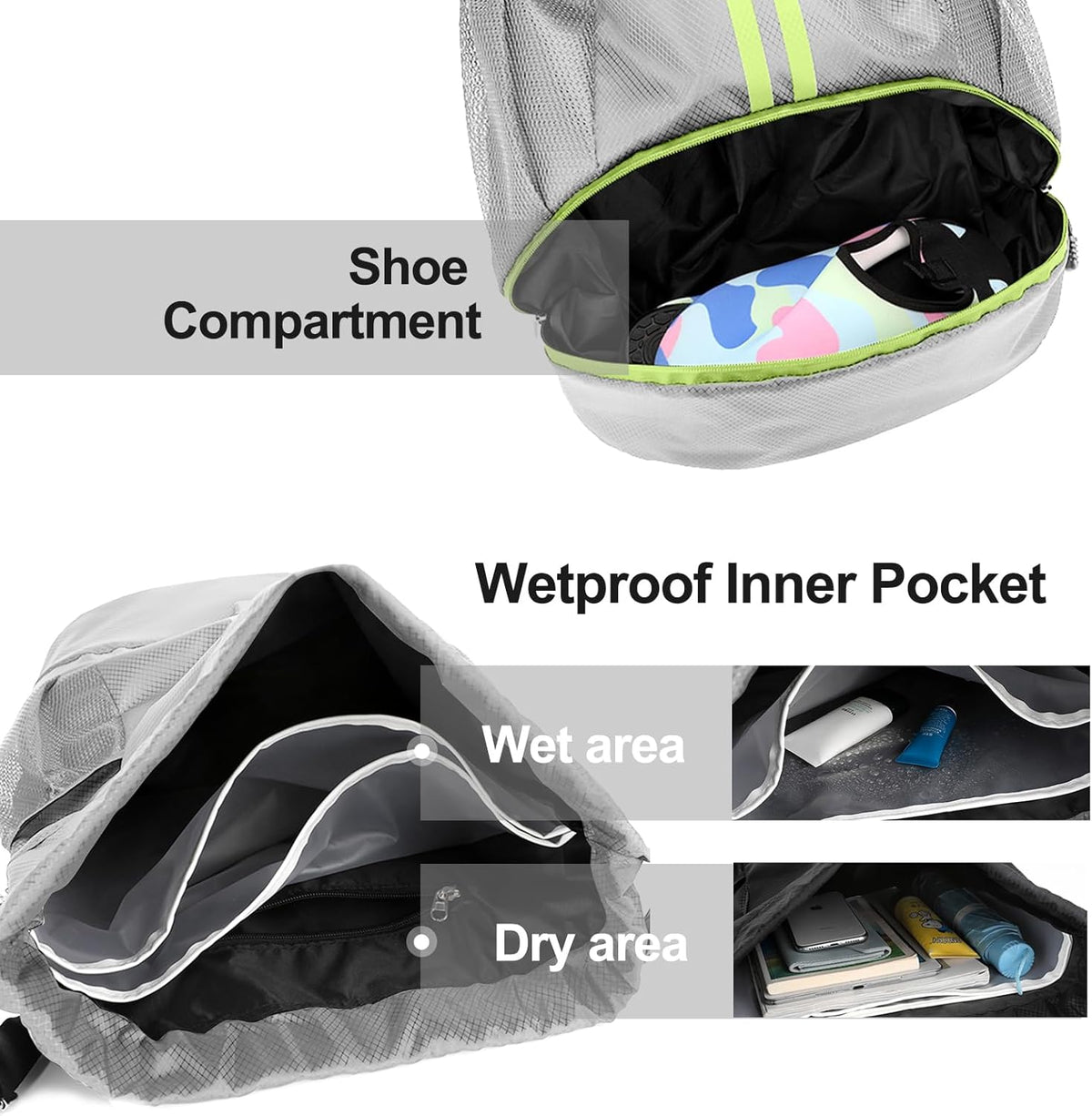 Sports Drawstring Backpack - String Swim Gym Bag with Shoes Compartment and Wet Proof Pocket for Women and Men