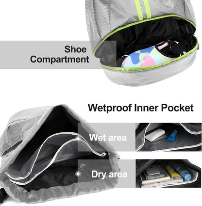 Sports Drawstring Backpack - String Swim Gym Bag with Shoes Compartment and Wet Proof Pocket for Women and Men