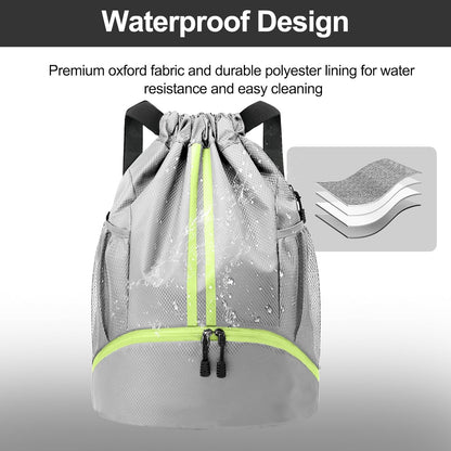 Sports Drawstring Backpack - String Swim Gym Bag with Shoes Compartment and Wet Proof Pocket for Women and Men