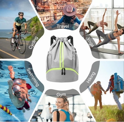 Sports Drawstring Backpack - String Swim Gym Bag with Shoes Compartment and Wet Proof Pocket for Women and Men