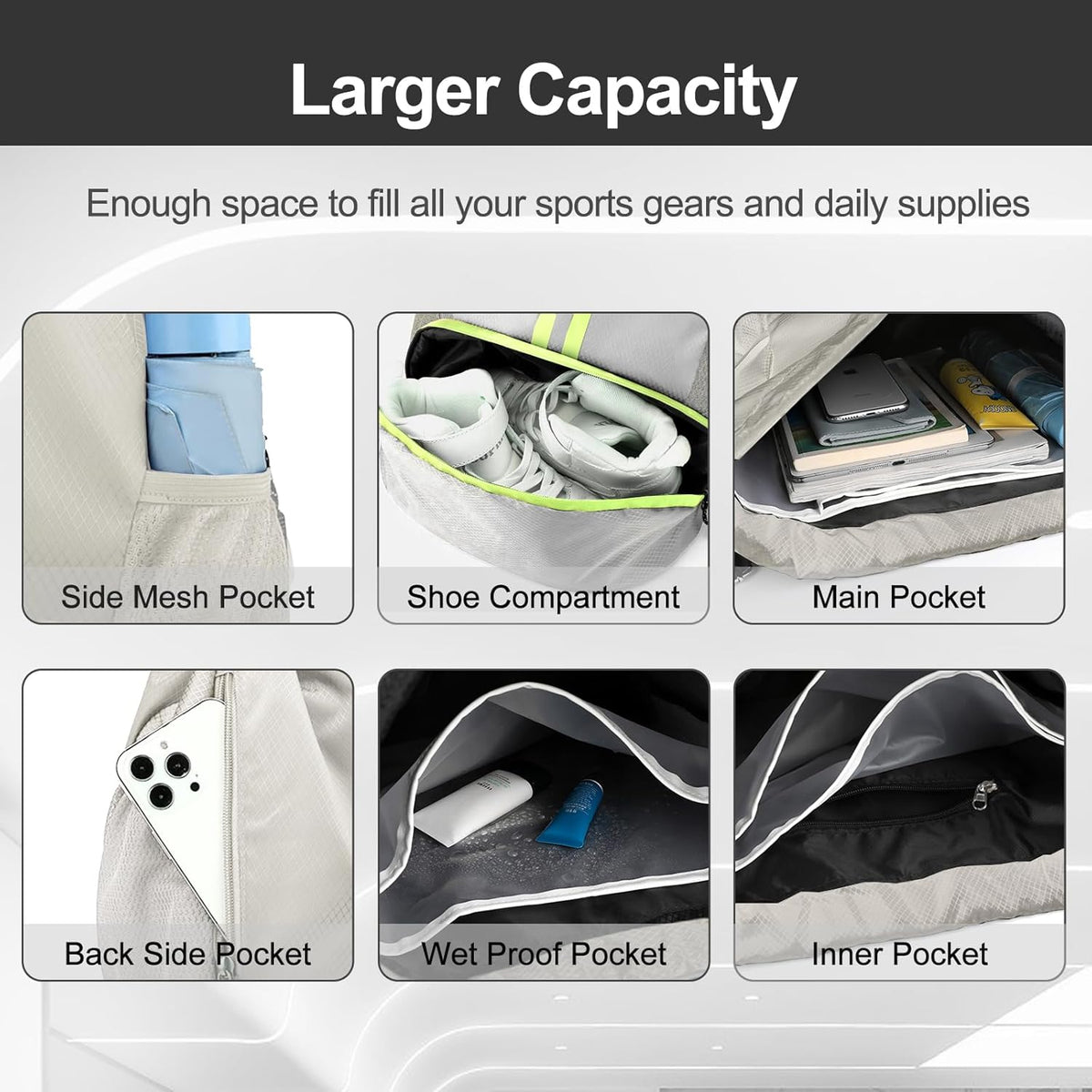 Sports Drawstring Backpack - String Swim Gym Bag with Shoes Compartment and Wet Proof Pocket for Women and Men
