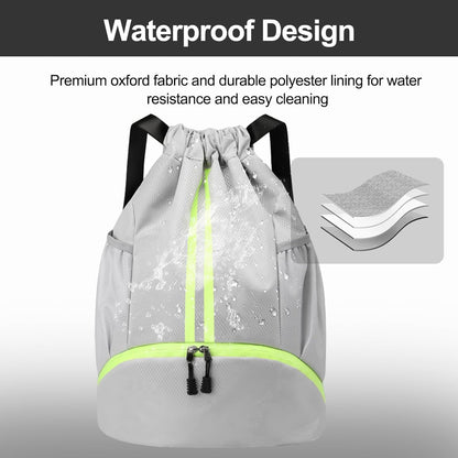 Sports Drawstring Backpack - String Swim Gym Bag with Shoes Compartment and Wet Proof Pocket for Women and Men