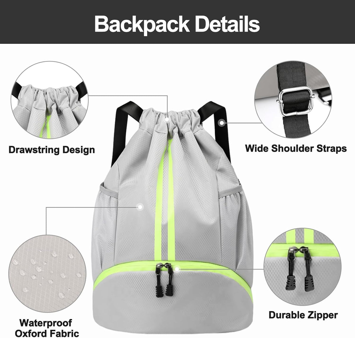 Sports Drawstring Backpack - String Swim Gym Bag with Shoes Compartment and Wet Proof Pocket for Women and Men