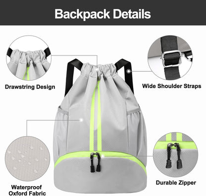 Sports Drawstring Backpack - String Swim Gym Bag with Shoes Compartment and Wet Proof Pocket for Women and Men