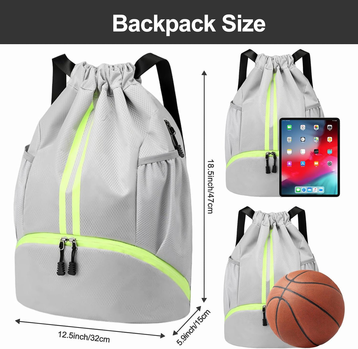 Sports Drawstring Backpack - String Swim Gym Bag with Shoes Compartment and Wet Proof Pocket for Women and Men