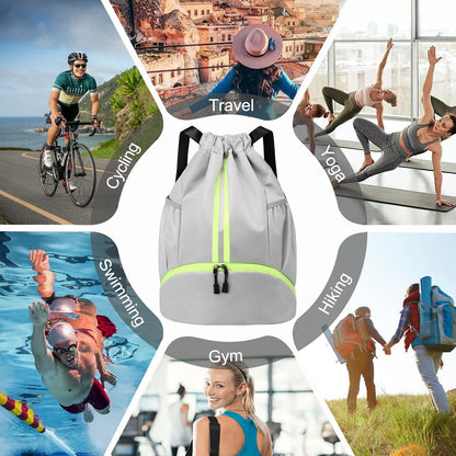Sports Drawstring Backpack - String Swim Gym Bag with Shoes Compartment and Wet Proof Pocket for Women and Men