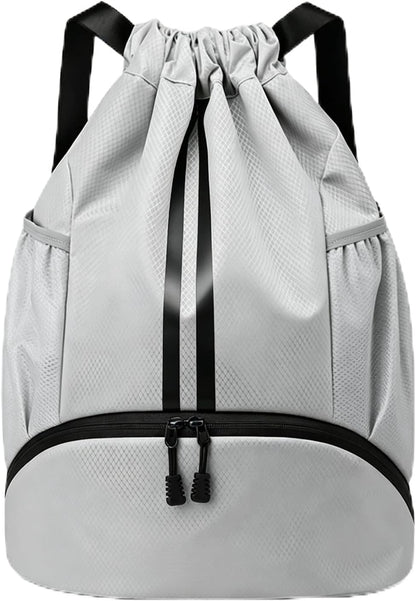 Sports Drawstring Backpack - String Swim Gym Bag with Shoes Compartment and Wet Proof Pocket for Women and Men