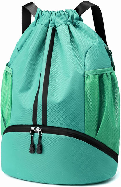 Sports Drawstring Backpack - String Swim Gym Bag with Shoes Compartment and Wet Proof Pocket for Women and Men