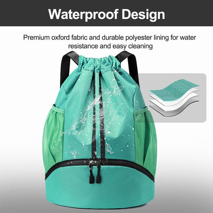 Sports Drawstring Backpack - String Swim Gym Bag with Shoes Compartment and Wet Proof Pocket for Women and Men