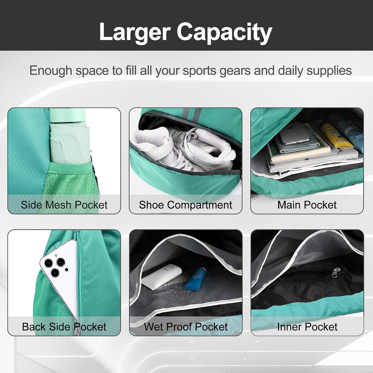 Sports Drawstring Backpack - String Swim Gym Bag with Shoes Compartment and Wet Proof Pocket for Women and Men