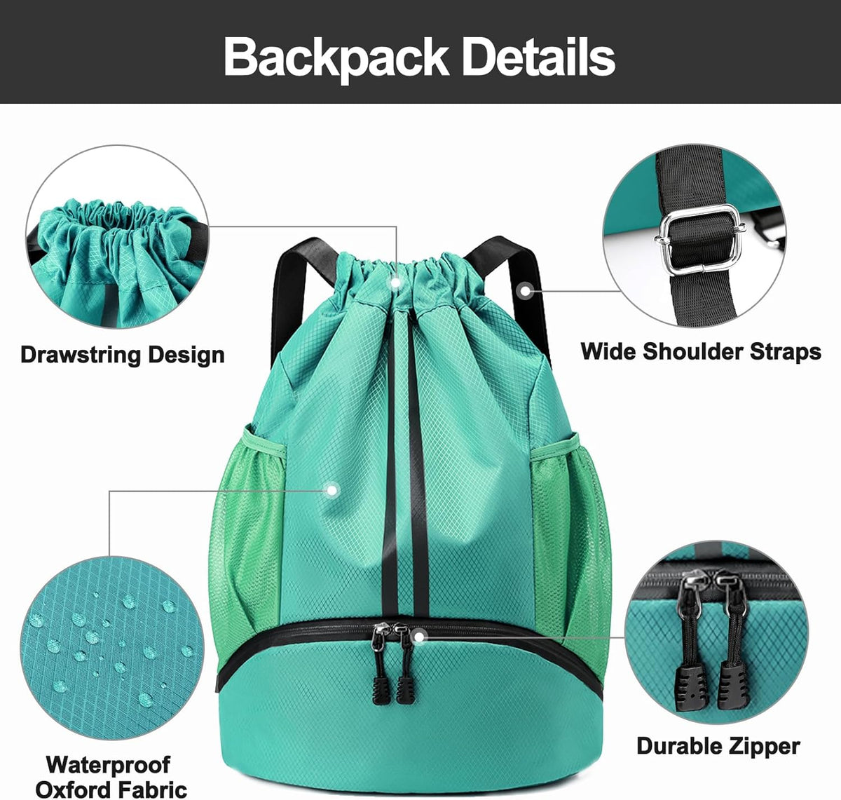 Sports Drawstring Backpack - String Swim Gym Bag with Shoes Compartment and Wet Proof Pocket for Women and Men
