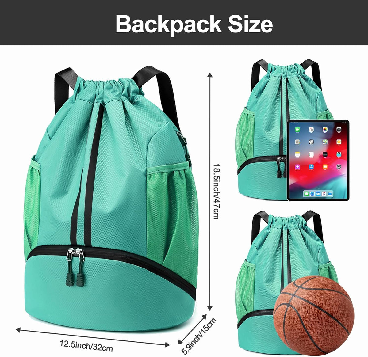 Sports Drawstring Backpack - String Swim Gym Bag with Shoes Compartment and Wet Proof Pocket for Women and Men