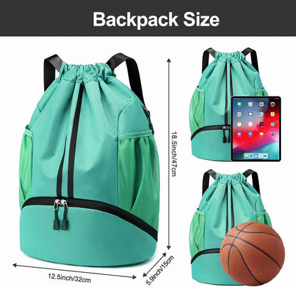 Sports Drawstring Backpack - String Swim Gym Bag with Shoes Compartment and Wet Proof Pocket for Women and Men