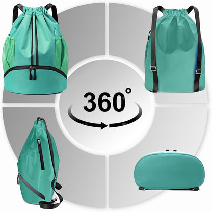 Sports Drawstring Backpack - String Swim Gym Bag with Shoes Compartment and Wet Proof Pocket for Women and Men