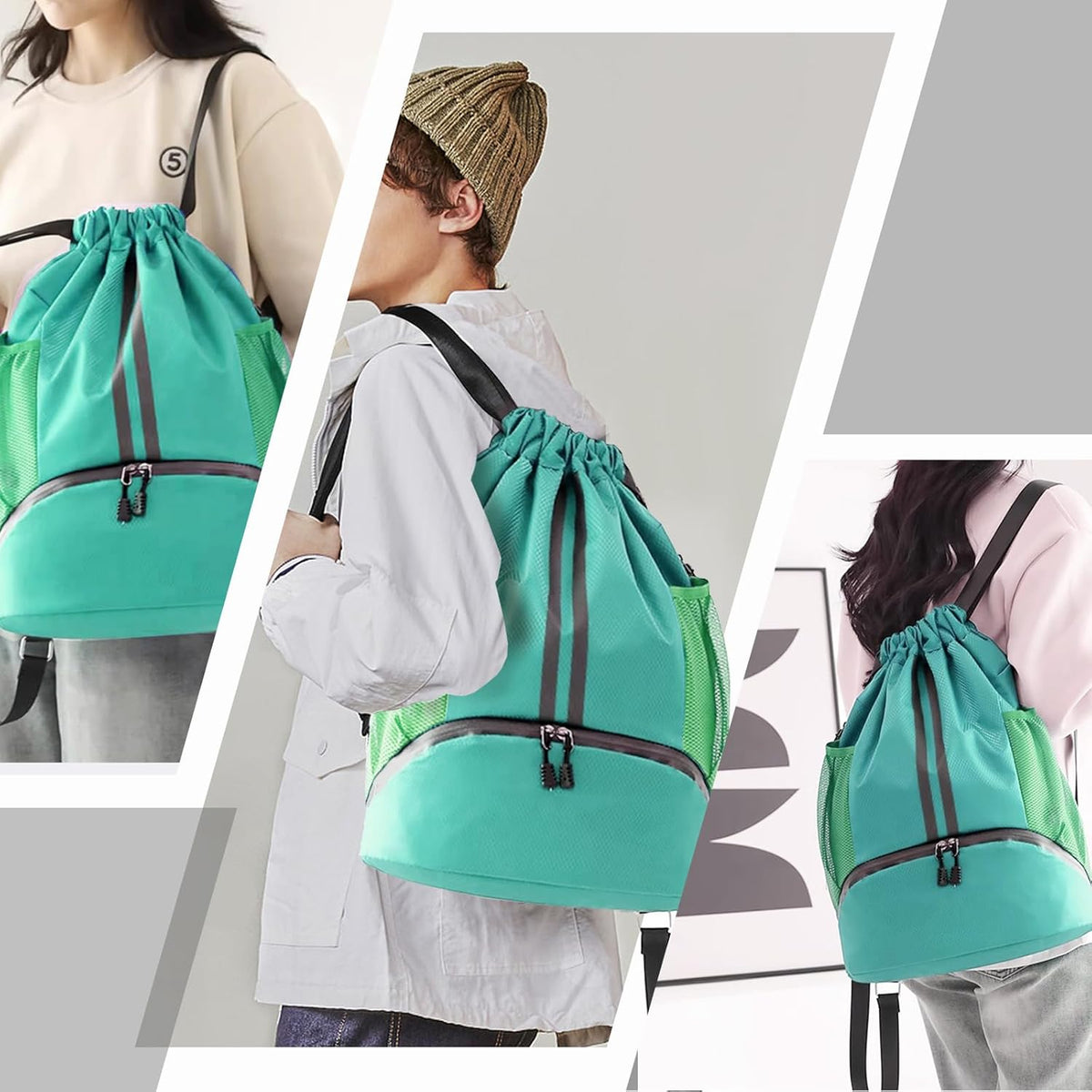 Sports Drawstring Backpack - String Swim Gym Bag with Shoes Compartment and Wet Proof Pocket for Women and Men