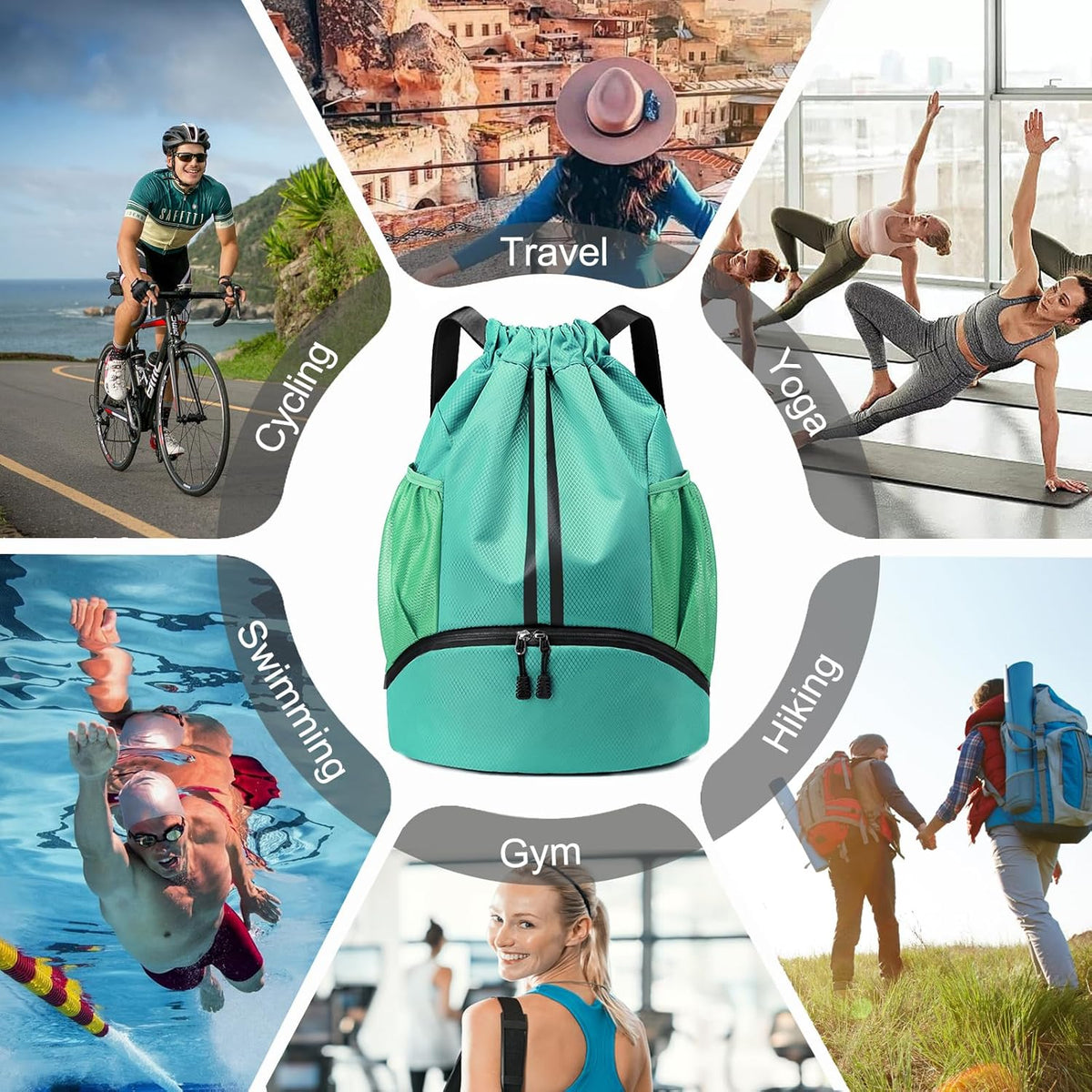 Sports Drawstring Backpack - String Swim Gym Bag with Shoes Compartment and Wet Proof Pocket for Women and Men