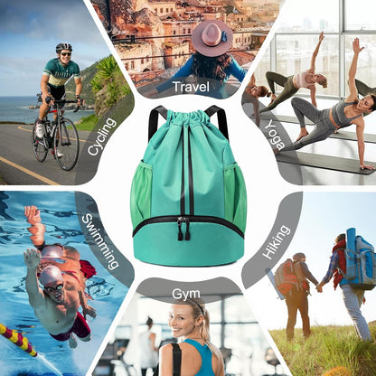 Sports Drawstring Backpack - String Swim Gym Bag with Shoes Compartment and Wet Proof Pocket for Women and Men