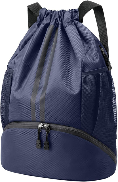 Sports Drawstring Backpack - String Swim Gym Bag with Shoes Compartment and Wet Proof Pocket for Women and Men