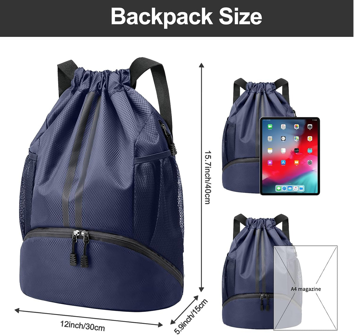 Sports Drawstring Backpack - String Swim Gym Bag with Shoes Compartment and Wet Proof Pocket for Women and Men