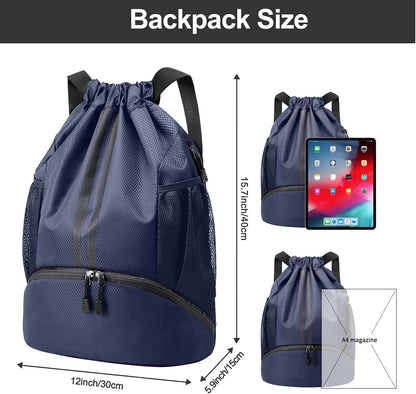 Sports Drawstring Backpack - String Swim Gym Bag with Shoes Compartment and Wet Proof Pocket for Women and Men