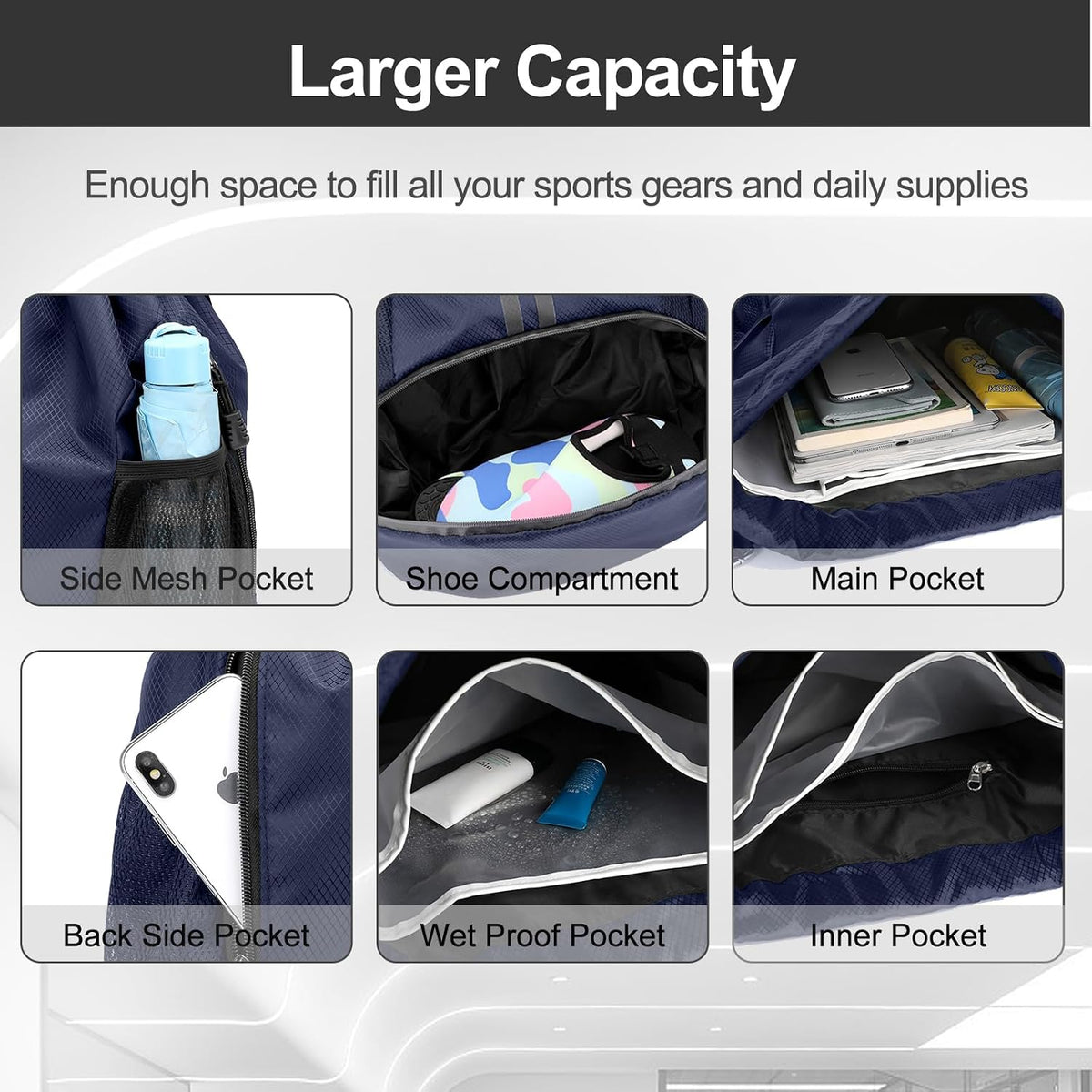 Sports Drawstring Backpack - String Swim Gym Bag with Shoes Compartment and Wet Proof Pocket for Women and Men