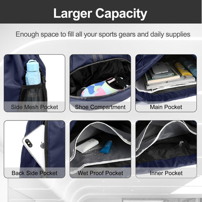 Sports Drawstring Backpack - String Swim Gym Bag with Shoes Compartment and Wet Proof Pocket for Women and Men