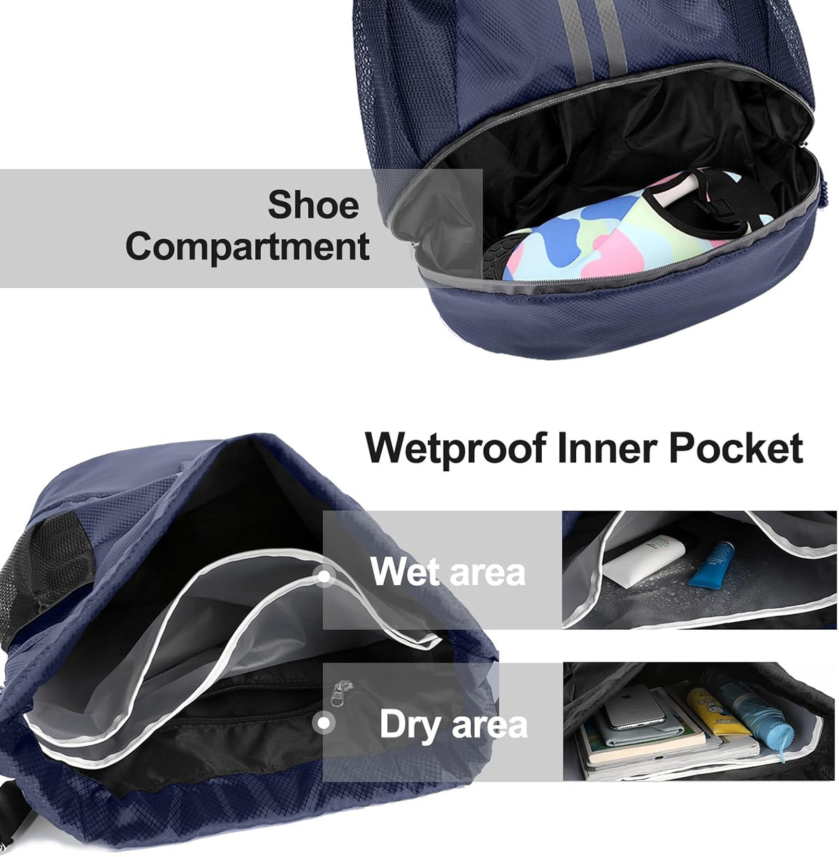 Sports Drawstring Backpack - String Swim Gym Bag with Shoes Compartment and Wet Proof Pocket for Women and Men