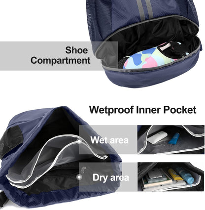 Sports Drawstring Backpack - String Swim Gym Bag with Shoes Compartment and Wet Proof Pocket for Women and Men